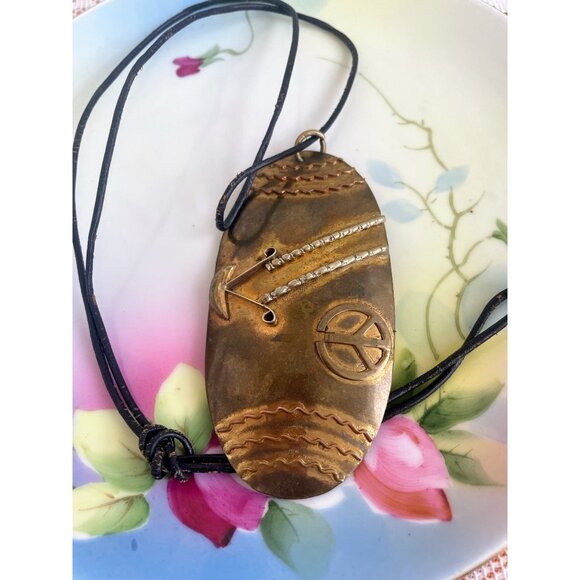 unbranded Jewelry - Vintage 60's Hippy Brass Large Pendant Peace Sign Leather chord